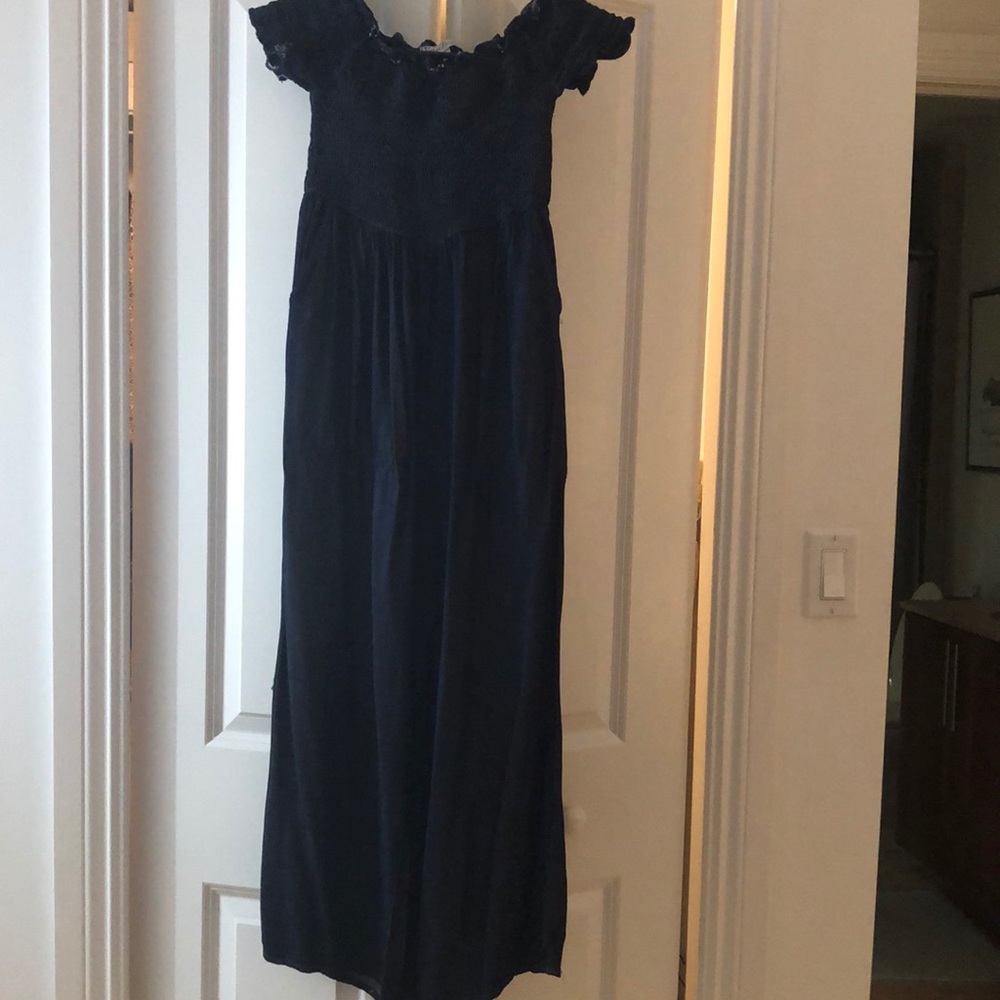 Lightweight denim off shoulder jumpsuit, small, Velvet Torch